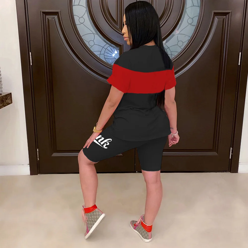 Fashion Pink Letter Printing Suit Short Sleeve T-shirt Leggings Women Two piece Shorts Set 2 piece set women