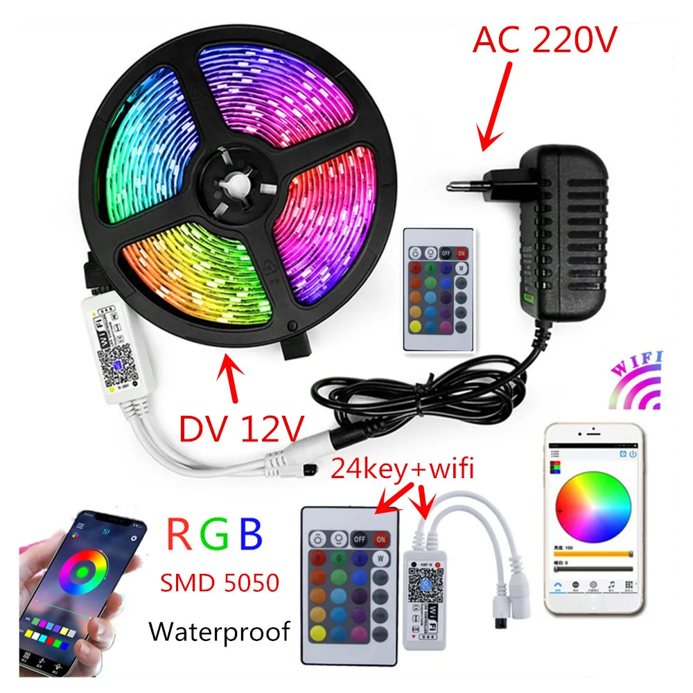 220V LED Strip Light Flexible Lights Outdoor Room Decoration Lamp SMD 5050 Tape Phone APP and Remote Control Waterproof 12V RGB