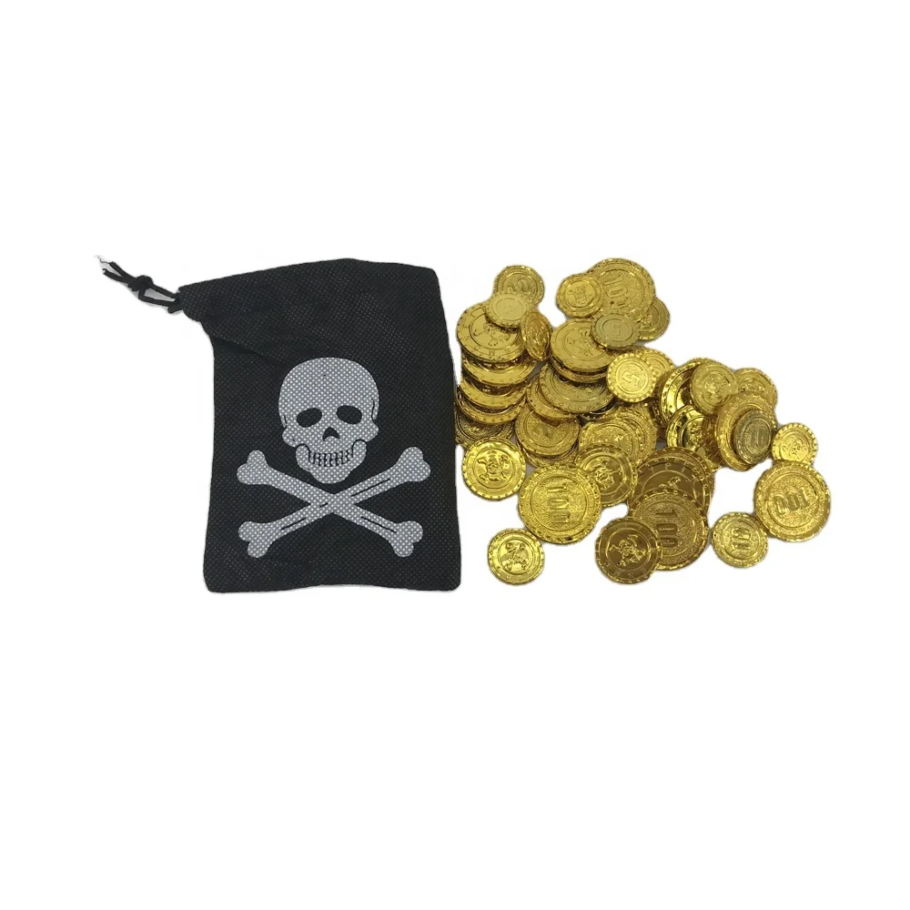 
Pirate Purse bag with 50 Gold Coins Toy Set Non-woven Bag Skeleton Printed Plastic Gold Coin Theme Party accessory Kids Gift 