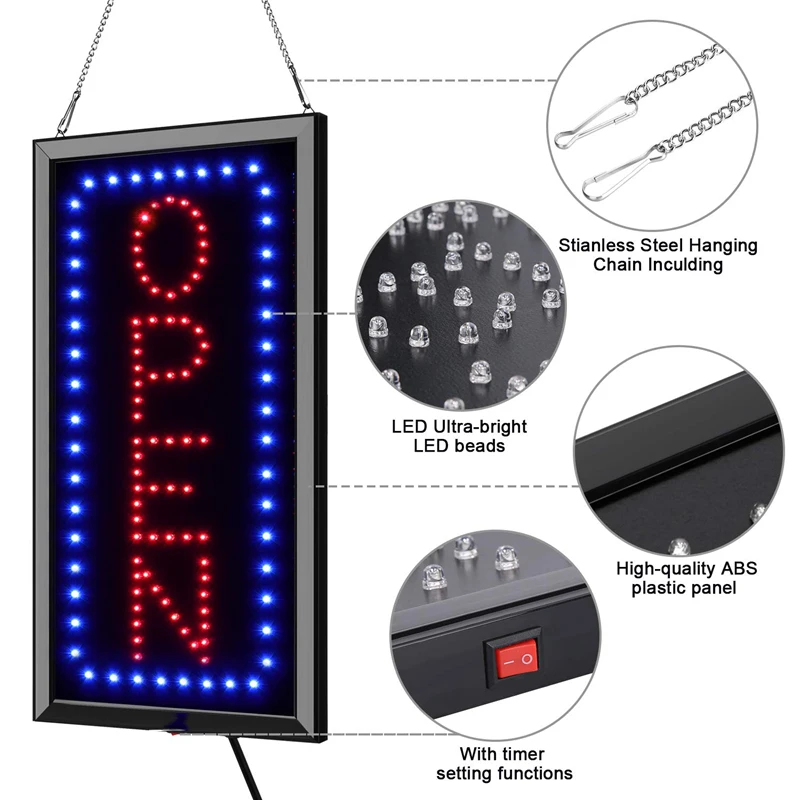Custom Outdoor House Led Open Sign Neon Light With Clock Hours Business Board Store Front Shop Sliding Hanging Open Closed Sign