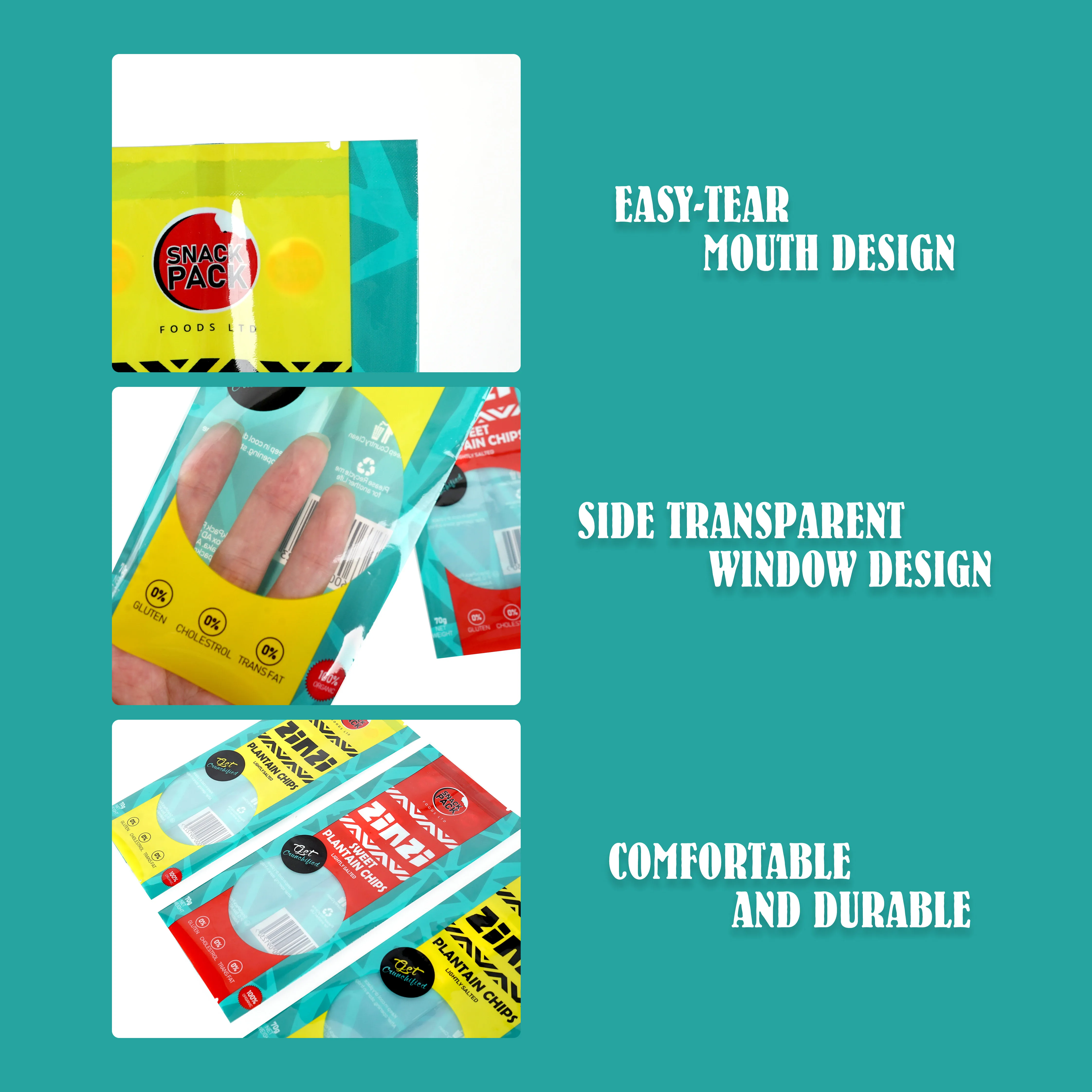 Resealable Composite Plastic Snack Plantain Chips Packaging Popcorn Nylar Food Grade Bags Pouch Sachet With Window