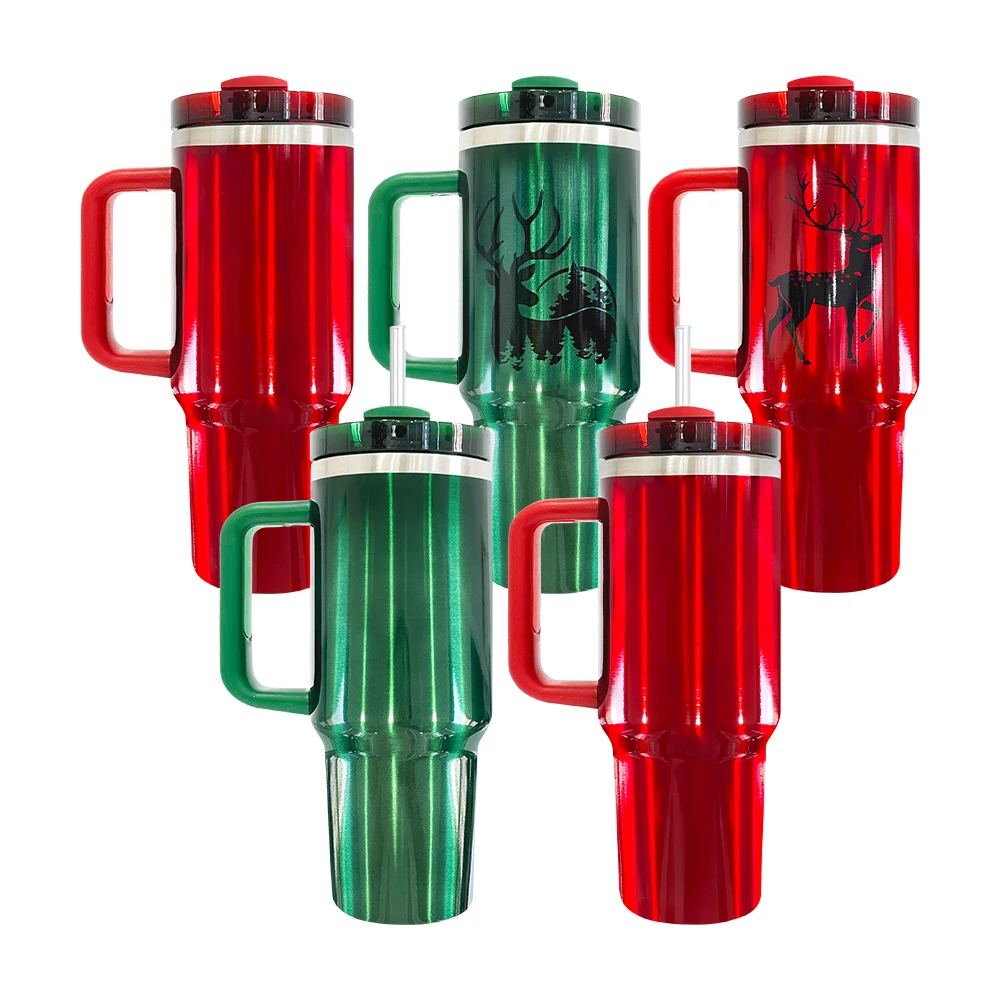 USA warehouse Christmas red green sublimation 40oz tumbler with handle lid and straw for White Sublimation Transfer