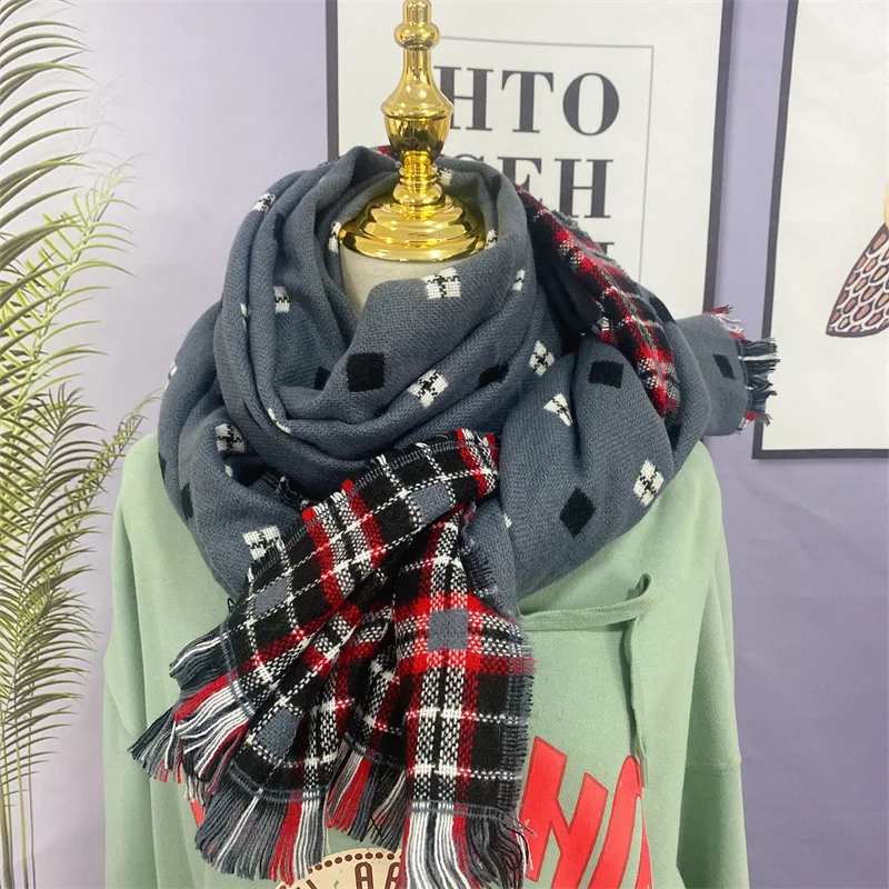 Fashion Print Double-sided Tassel Shawl Scarf Christmas Women Winter Warm Gifts Long Plaid Neck Scarf