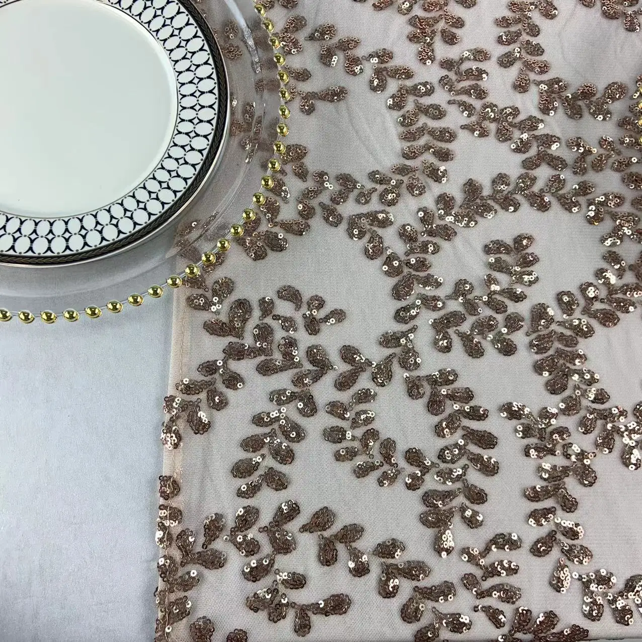 TR064#73 wedding table runner floral table runner sequin bow