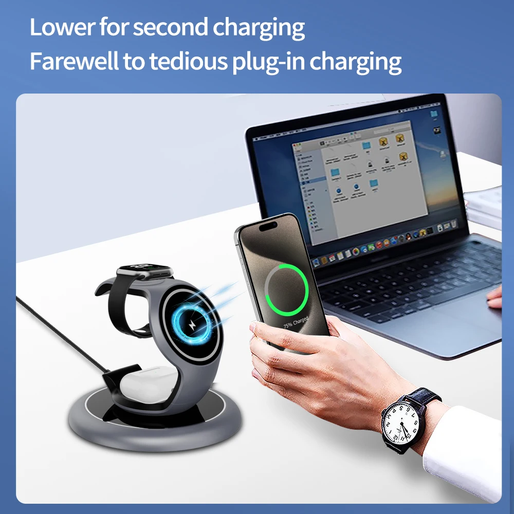 New Mobile Phone Holder 15W Fast Watch Earphone Station Custom Logo Qi Multifunctional Strong Magnetic 3 in 1 Wireless Charger