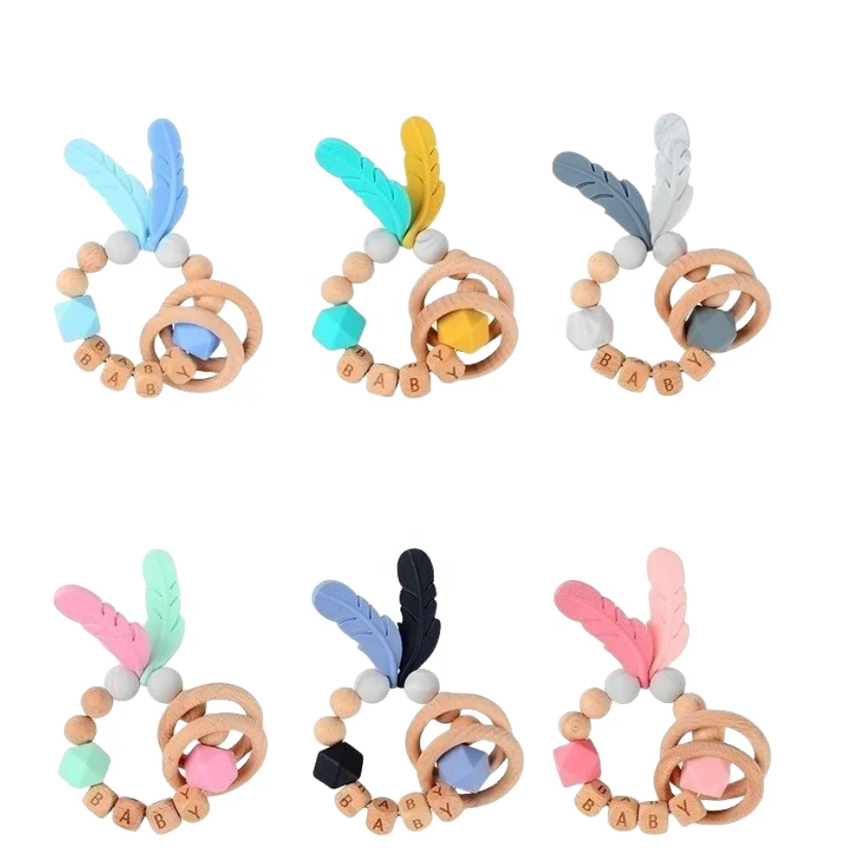 Unisex Wood Teether Soft Silicone Chewing Toy with Feather Massage Provides Gum Relief for Babies