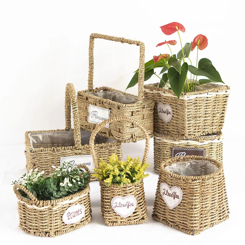 straw grass rope basket wholesale handmade braid straw grass rope woven flower gift basket with plastic liner and handle