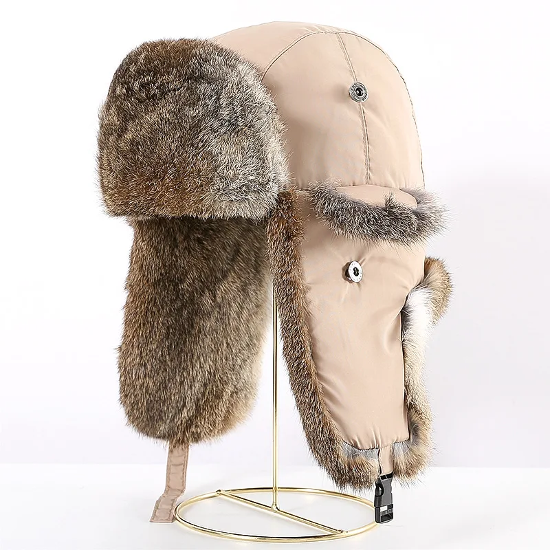 Real Rabbit Fur Winter Padded Earflaps Winter Trooper Hat Waterproof Hunter Hat Cycling Outdoor Ski Warm Winter Aviator Hats