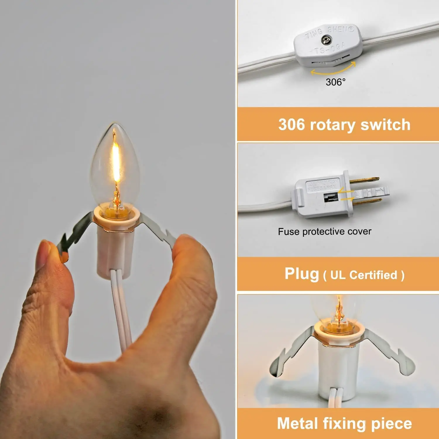 UL E12 C7 6Ft Accessory Cord with One LED Light Bulbs, Blow Mold Light White Cord with Switch&Clip