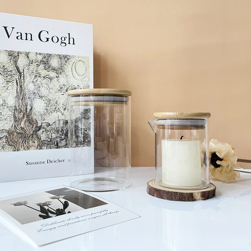 Wholesale 220ml 550ml Small Transparent Clear Borosilicate Empty Round Glass Candle Vessels Container Jar with Bamboo Wooden Lid