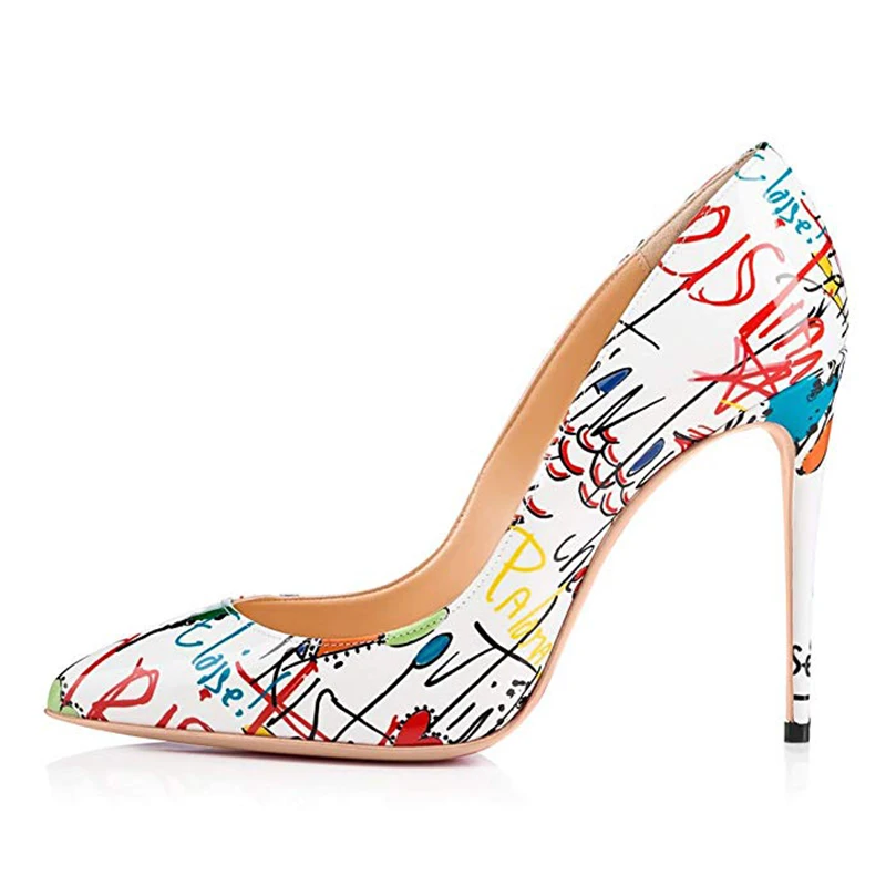 Hot sale low price fashion ladies graffiti pumps thin heel shoes high heel 12cm large size 35-45