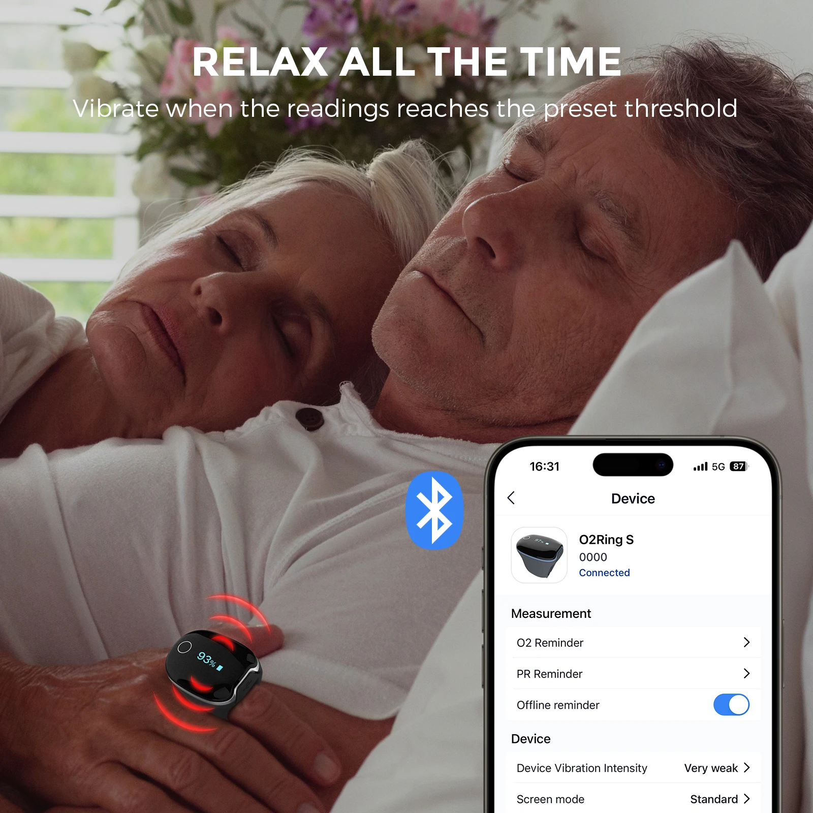 Wellue O2ringS SPO2 Blood Oxygen Saturation 4*10 Hours Built-in Memory for COPD and CPAP Pulse Oximeter Connects Via Bluetooth