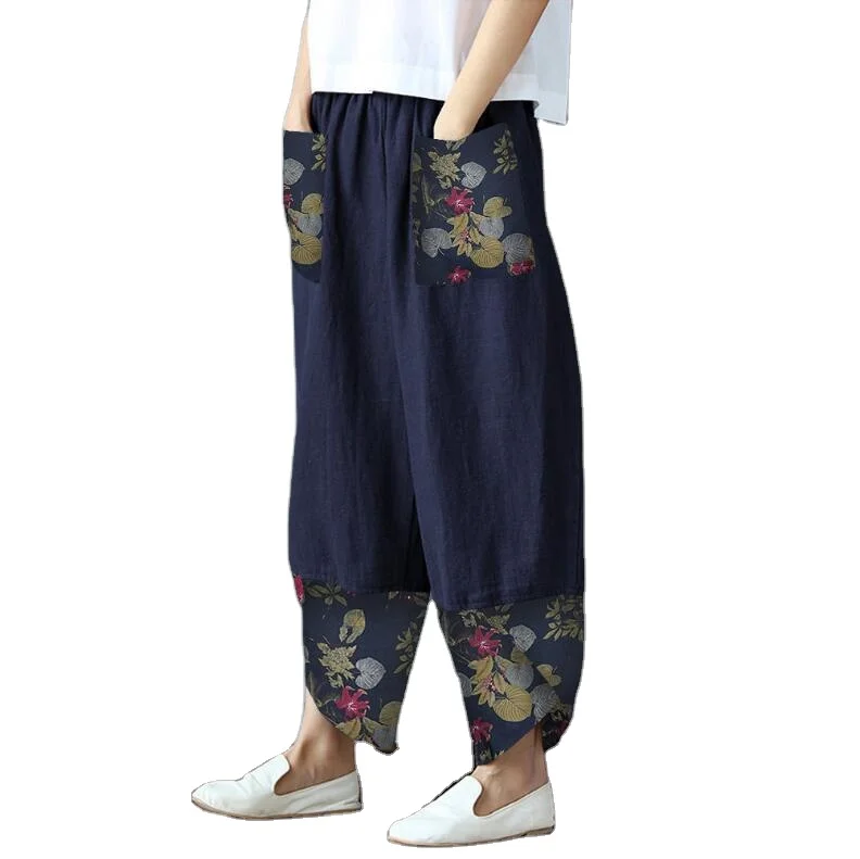 
High Quality Wholesale Printed patchwork cotton and linen wide-leg trousers for women 