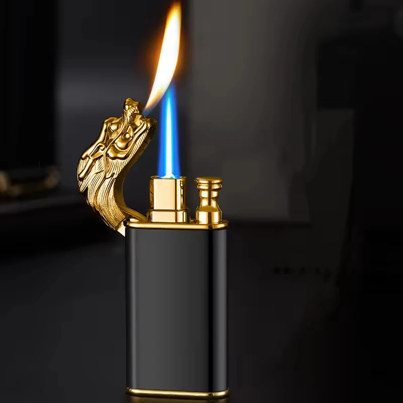 Custom Logo Dragon Head Model Butane Cigarette Lighter Refillable Double Flame Gas Lighter Popular Gift