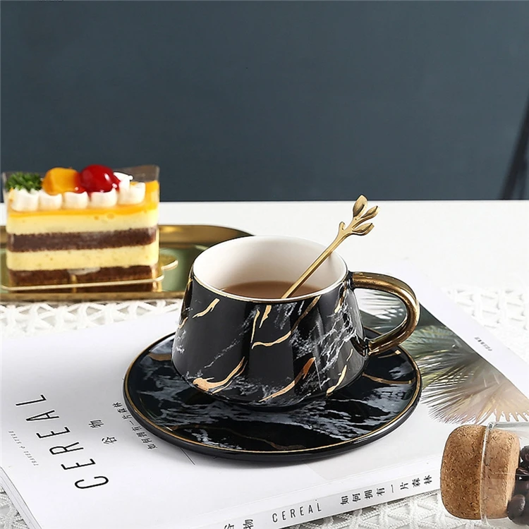 hot sale cafe hotel used luxury golden handle drinkware black ceramic marble tea coffee cup with saucer