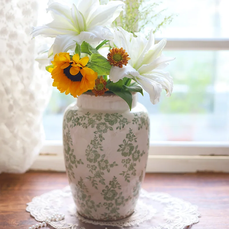 Wholesale  French Country Retro Green Floral Camellia Printed Ceramic Porcelain Vase for Home Decor