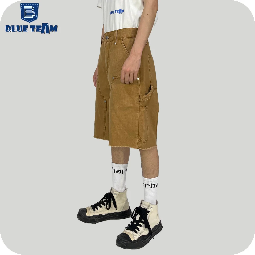 Blue Team | Custom logo jean shorts cargo pants denim with pocket street raw cuff edges baggy denim shorts custom for men