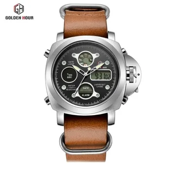 GOLDEN HOUR GH-102 famous Chinese male quartz watch activity leather band LED chronometer alarm running watch design