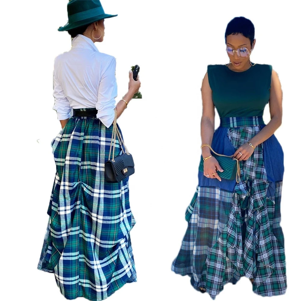 ANSZKTN Fashion Women Irregular  Long Skirt High waist Casual Loose Printed Plaid Plus Size Skirt Maxi Skirts