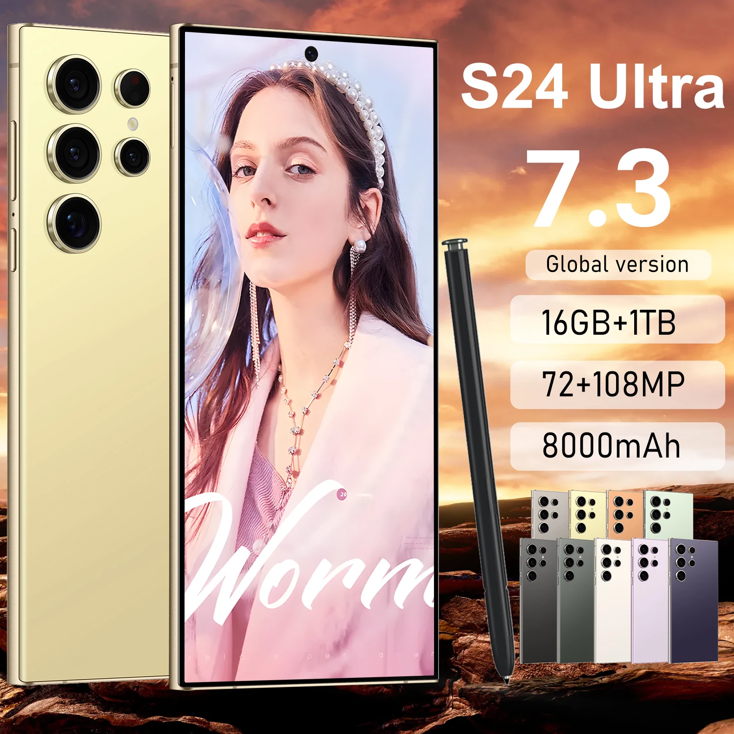 2024 new S24 ultra clone phone Android 13 7.3 inch screen 12GB 1TB 8 core dual sim 4G 5G gaming smartphone