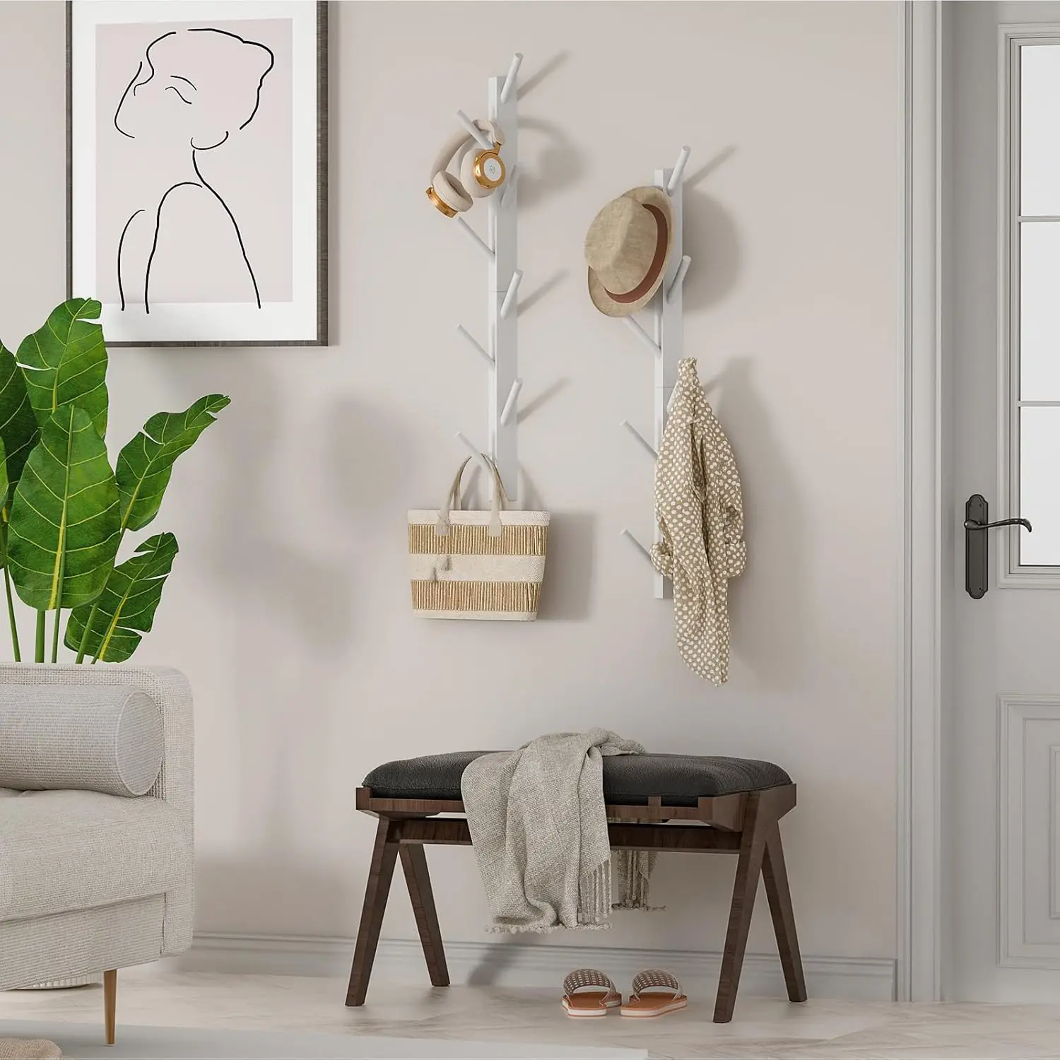 202412 Wood Wall Mounted Coat Hooks Vertical Coats Rack Holder Hanger with 8 Hooks Entryway Hanging Wooden Racks for Jacket Coat