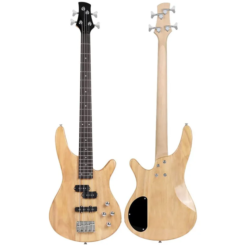 4 Strings Full Size Bass Beginner for Starter Natural Wood Electric Bass Guitar