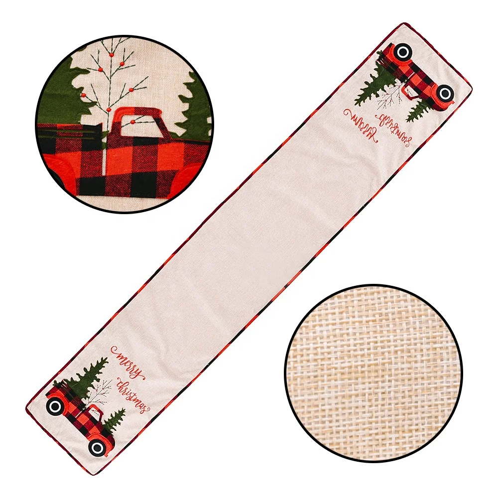 Embroidery christmas truck series red black buffalo check table runner