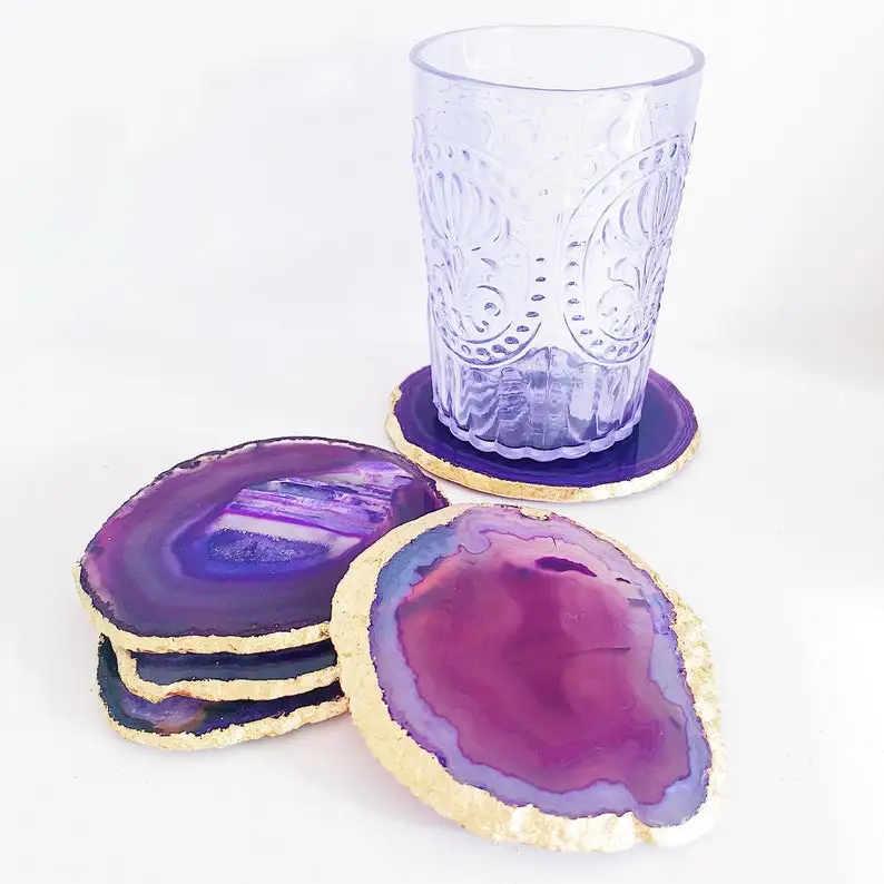 purple  agate  coaster slice with gold/silver/copper trim with personalized gift options from manufacturer