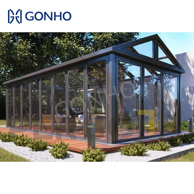 GONHO Easy Shipping Balcony Free Standing Glass Roof Small Garden Kit Screened Aluminium Sunrooms Glass Houses Sunrooms