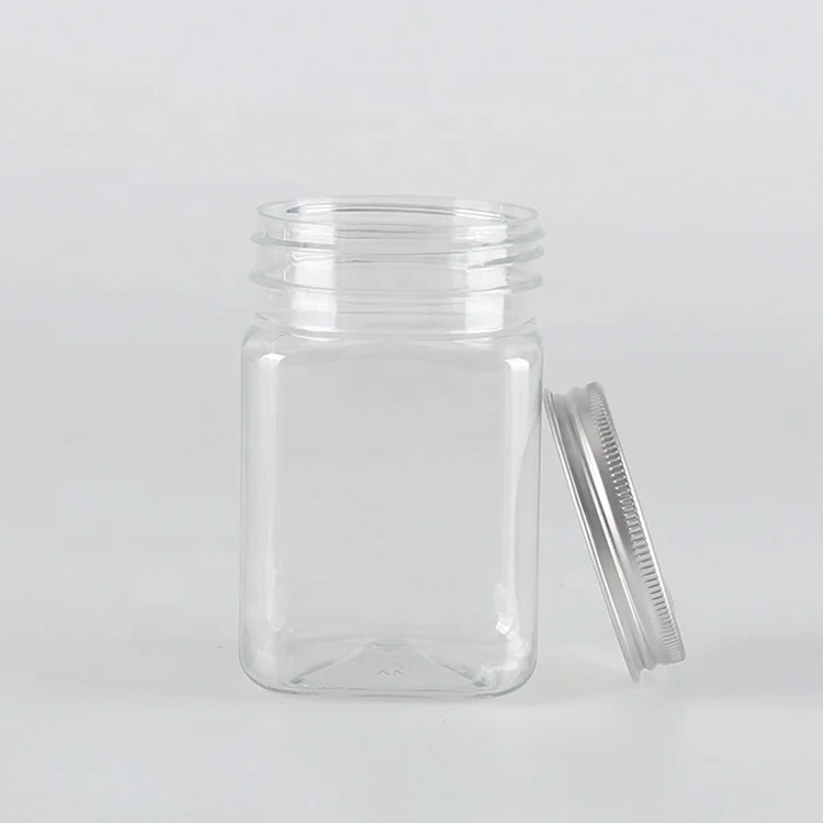 Wholesale bulk sales Different size plastic square plastic jar with aluminum lid for snacks