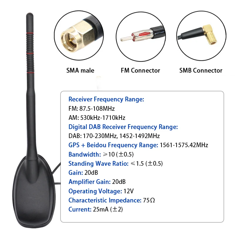 High quality High gain 20dB GPS FM AM DAB Automotive antenna Tape amplifier Radio Vehicle roof antenna