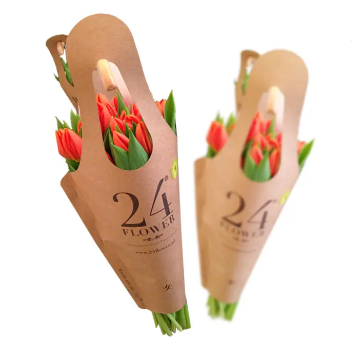 Flower gift portable kraft paper bag waterproof portable cardboard flower bouquet basket holder packaging bag box for flower