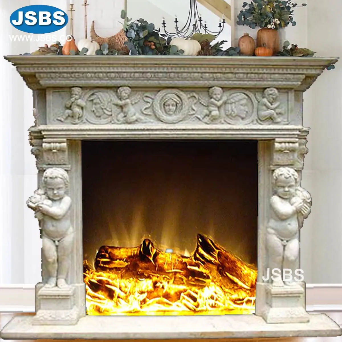 Cultured Decorative Marble Carved Cherub Angel Fireplace Mantel for sale