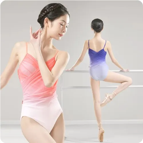 Women Dance Leotard Ballet Pleated V-neck Bodysuit Irregular Mesh Skirt Teen Training Gymnastics Skating Ballerina Dancewear