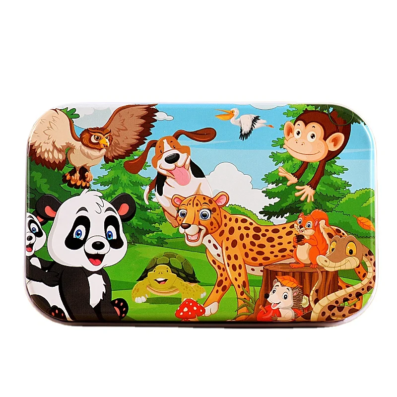 Custom Hot Sale Kids Cartoon Iron Box Educational Learning Wooden Jigsaw Puzzles Animals Vehicle Dinosaur Theme Child Wood Toys