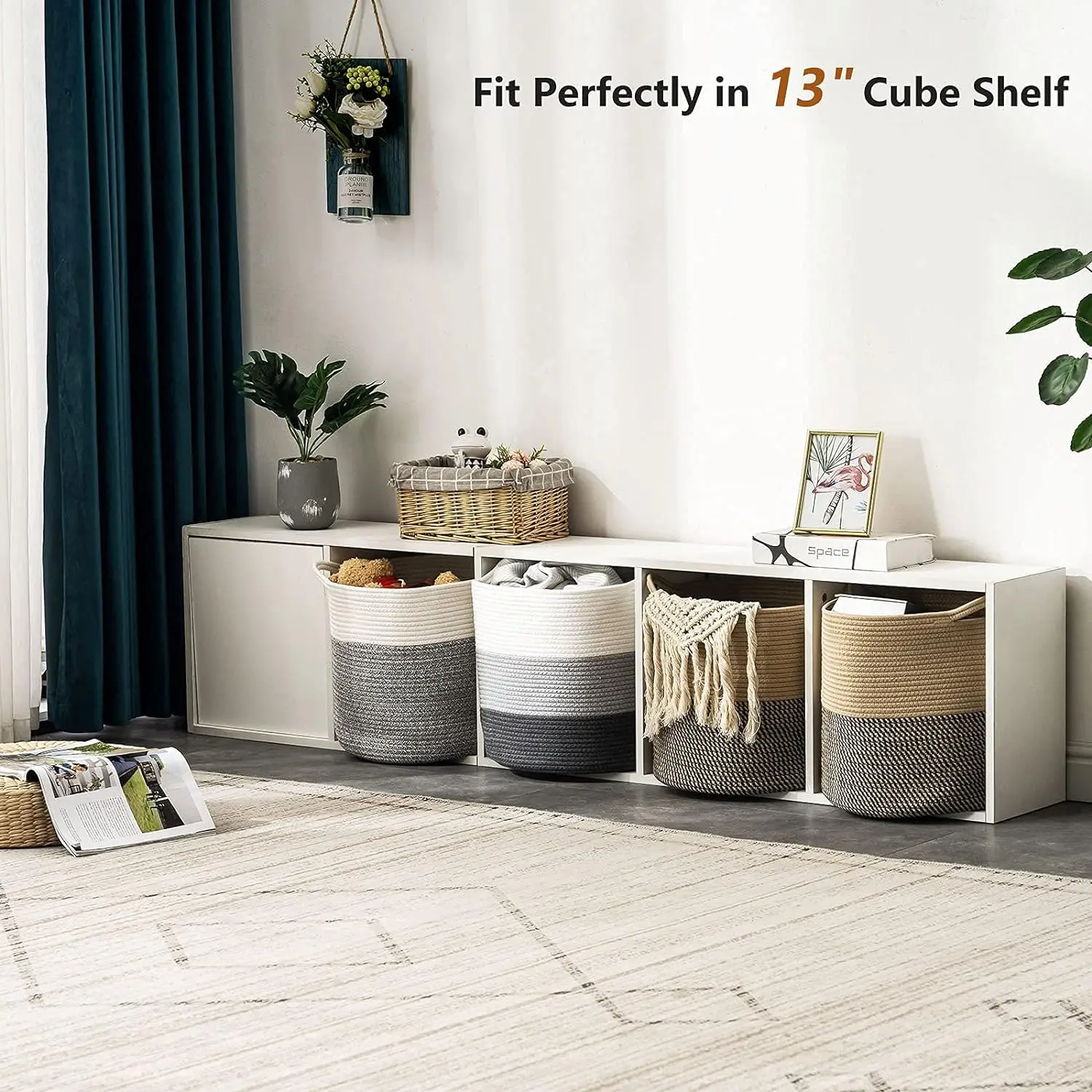 Top Sale 2 Pack Large Woven Rope Laundry Basket with Handle, Cotton Rope 13x13x13 Storage Baskets, 2 Pack Storage Basket