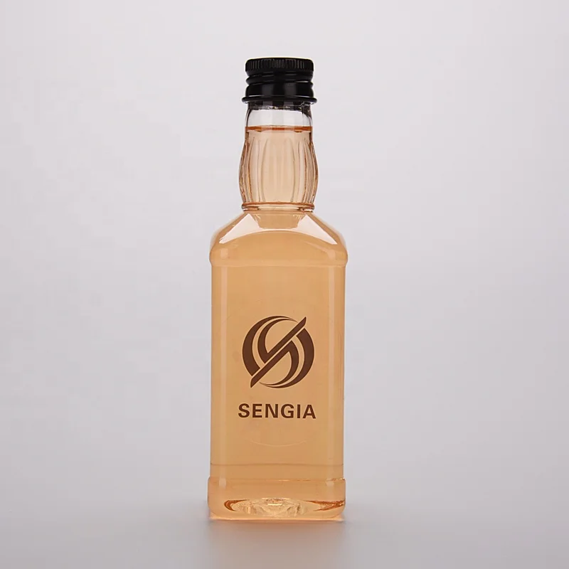 Plastic PET Flask Juice Bottle 200 ml Empty Whisky Bottle with Metal Screw Cap 24/410 Neck Clear Long Neck Square Wine Bottle