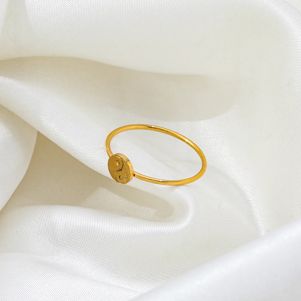 Joolim Jewelry Wholesale 18K Gold Plated Sand Finish Tai Chi Stainless Steel Ring for Women Dainty Ring
