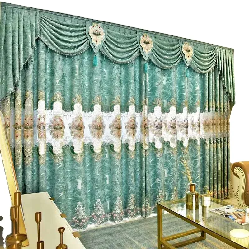 American Styles 3d printed embroid Chenille Curtains Green Window Drapes for Bedroom