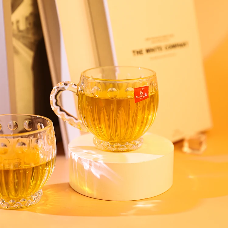 Blinkmax handle transparent custom engraved dimpled glass tea mug simple drink logo round mouth light luxury creative glass cup