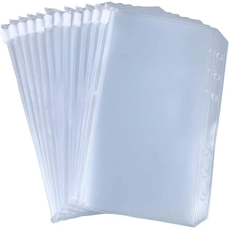 Waterproof PVC Pouch Document Filing Zipper Folder A6 Size Binder Pockets for 6-Ring Notebook Loose Leaf Bag