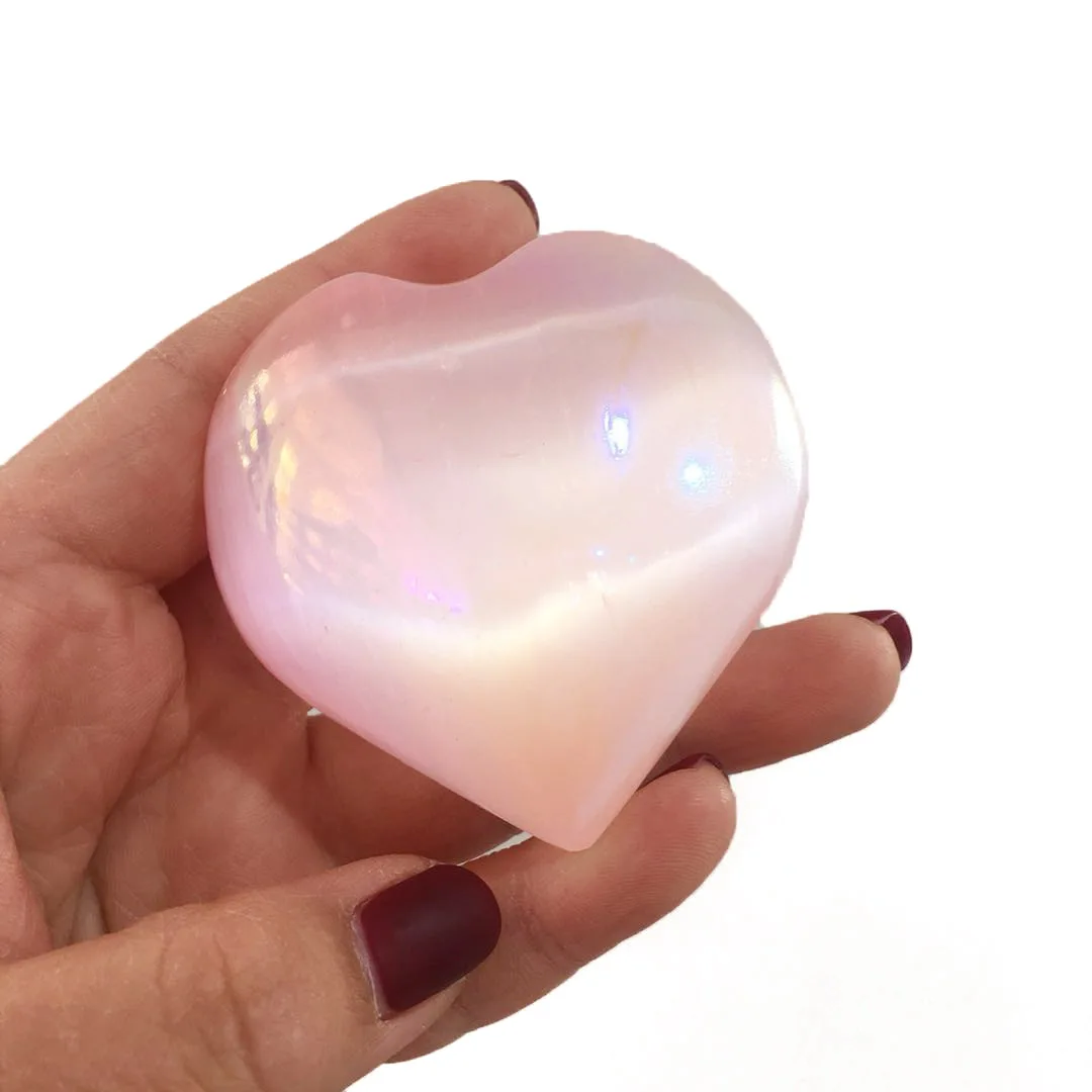 Wholesale natura 2inches Pink Aura White Selenite Heart Palms Healing Natural Angel Aura Quartz Palm Stone
