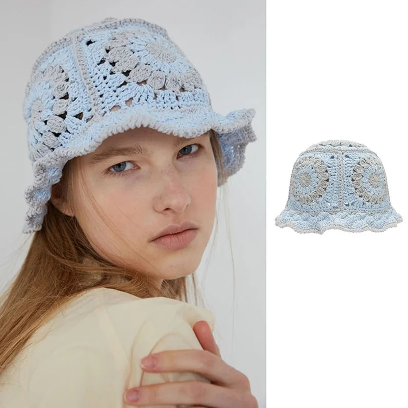 Women Hollow Flower Knit Fisherman Hat Handmade Crochet Matching Bucket Hat
