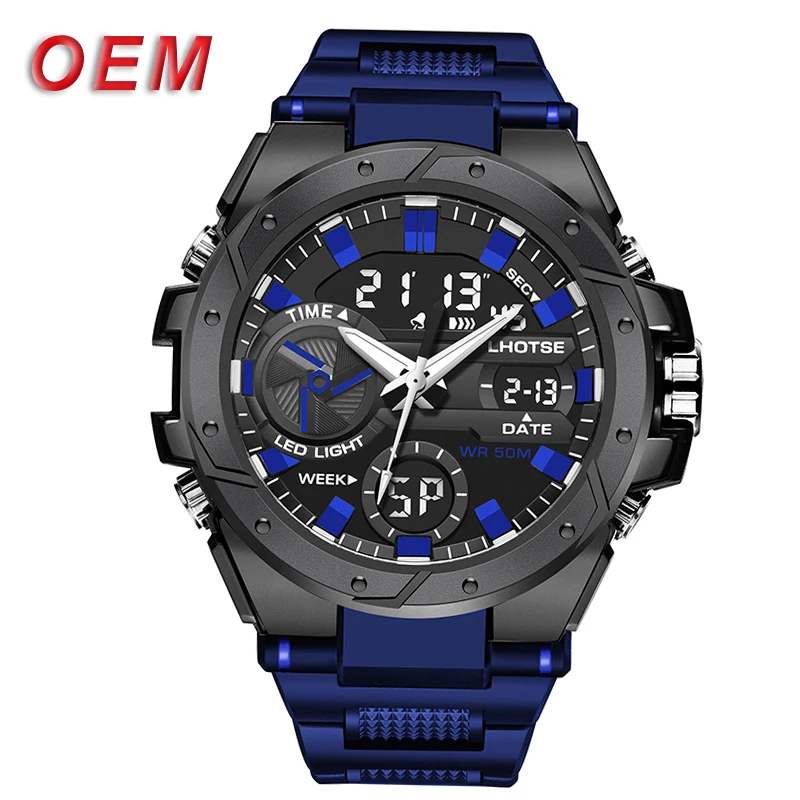 LHOTSE 3037 quartz watches metal outer ring  led backlit waterproof sports digital watches  custom logo watch manufacturer