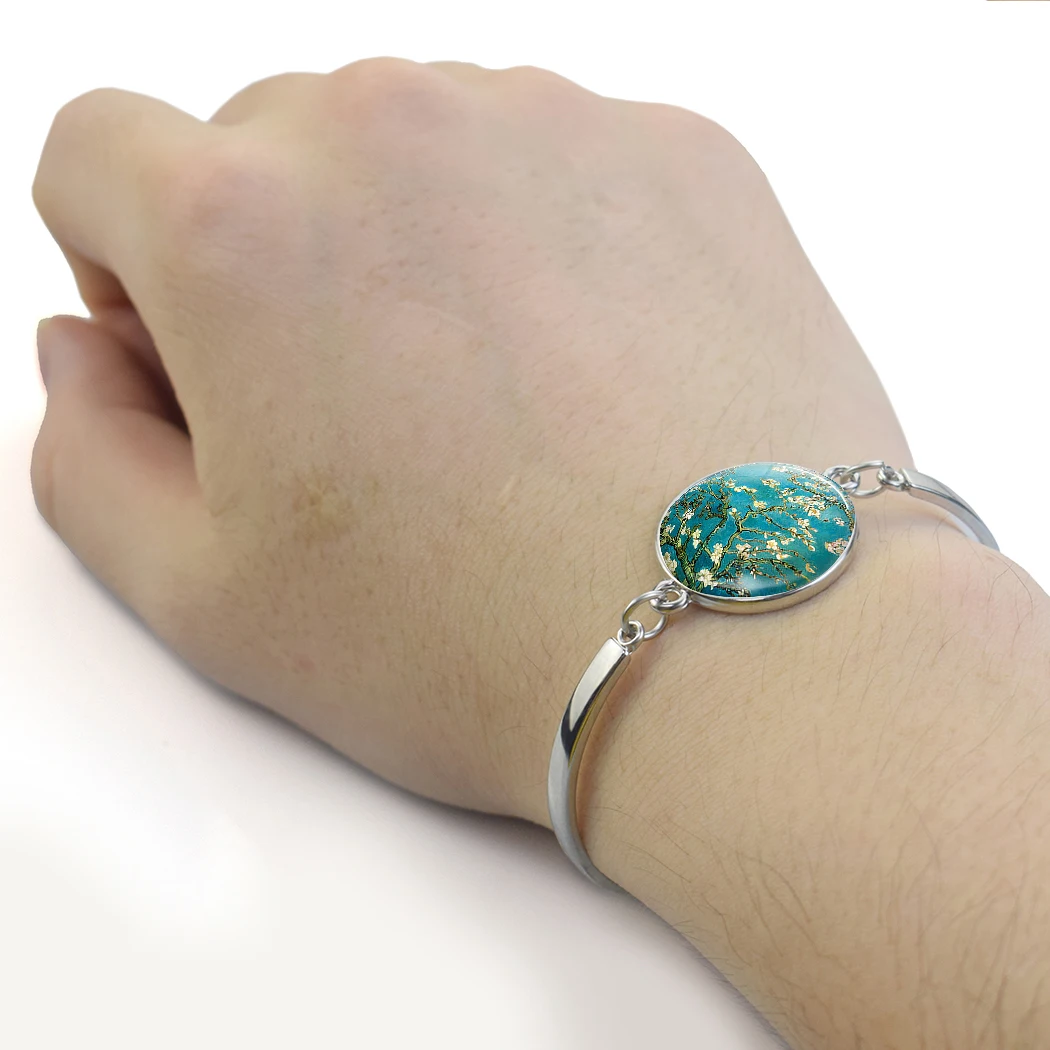 Van Gogh Art Oil Silver Metal Bracelet Men Women Fashion Glass Cabochon Dome Convex Starry Night Jewelry Sunflower Fashion Gift