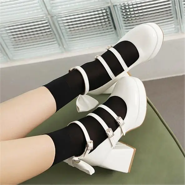 Zapatos de Mujer Size 46 Party Women 9 cm Sissy Lolita Lace Strap Bowknot Student Shoes Square Chunky Medium High Heel Pumps