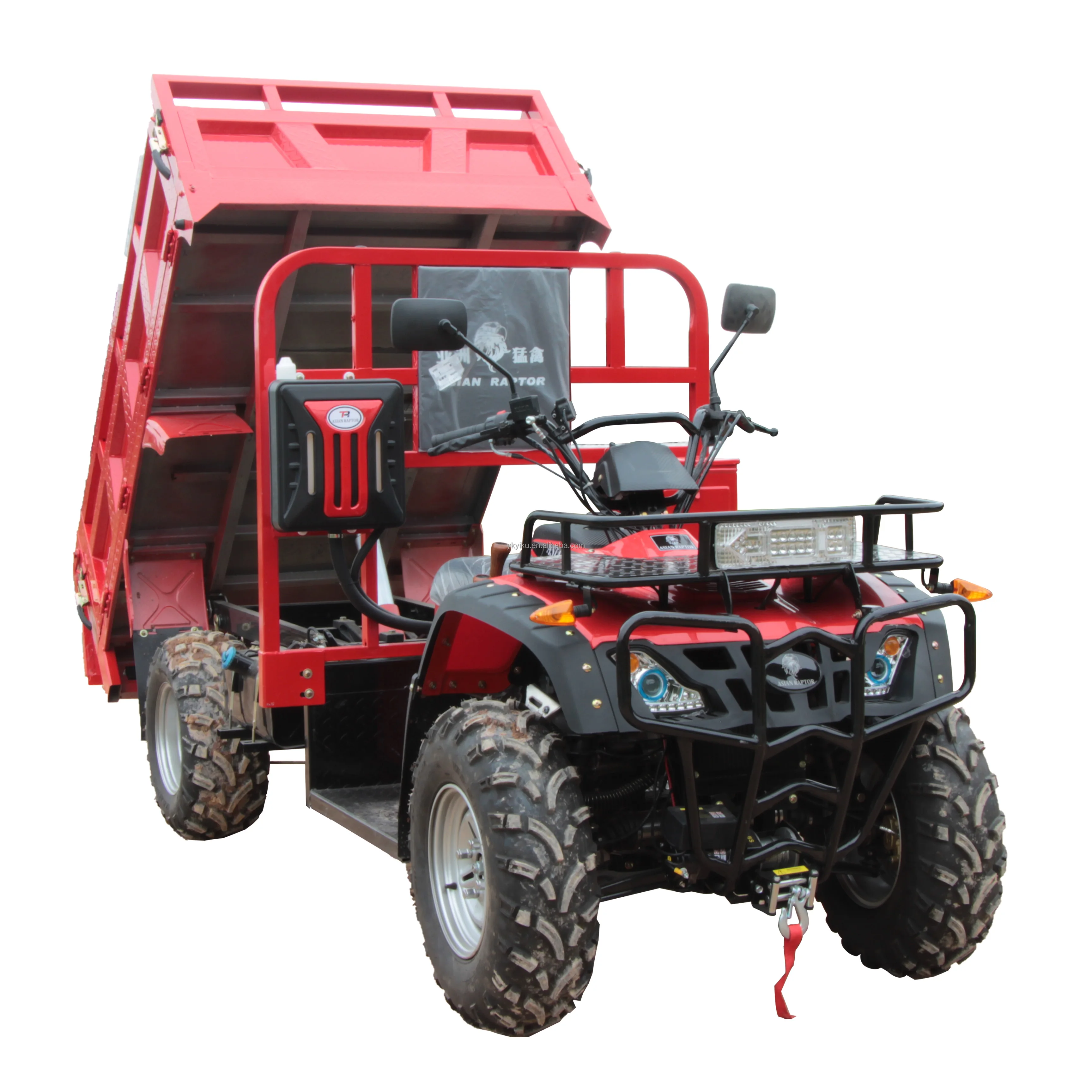 Four-wheeled farmer off-road motorcycle ATV with a bucket and agricultural all-terrain desert farm utility vehicle