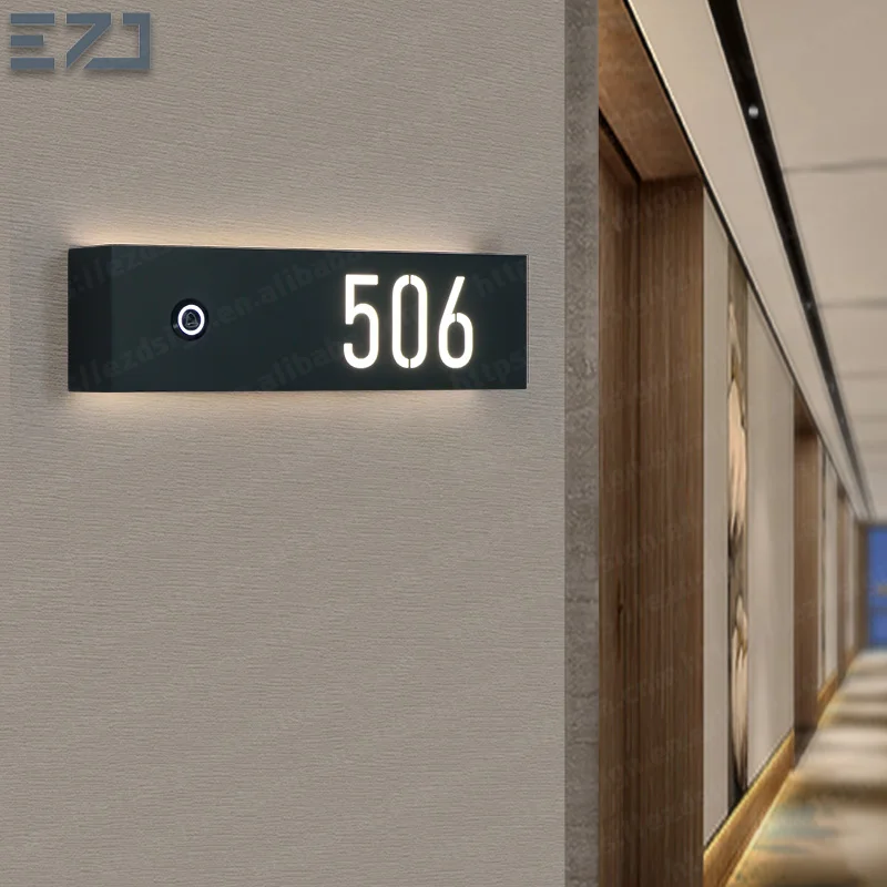 EZD Top and Bottom Grooved Illuminated Hollow-Out Numbers Luxury Residential Apartment House Room Door Sign with LED Doorbell