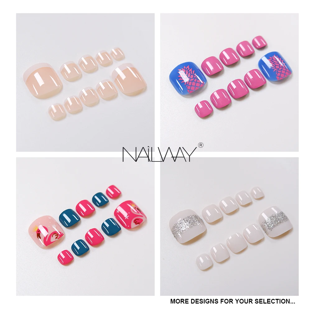 Factory White Short Square Artificial Nails For Toe Silver Glitter Nails Press On Toe Nails