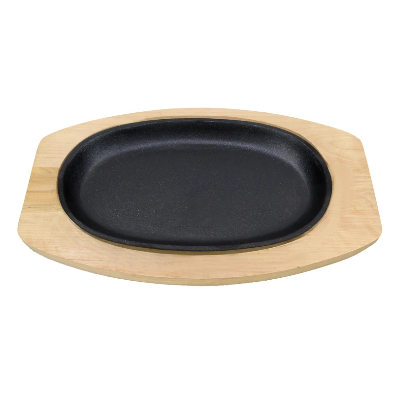 Oval Pre-Seasoned 24x14cm Cast Iron Hot Skillet Plate Sets Non Stick Fry Grill Sizzling Steak Pan with wooden base